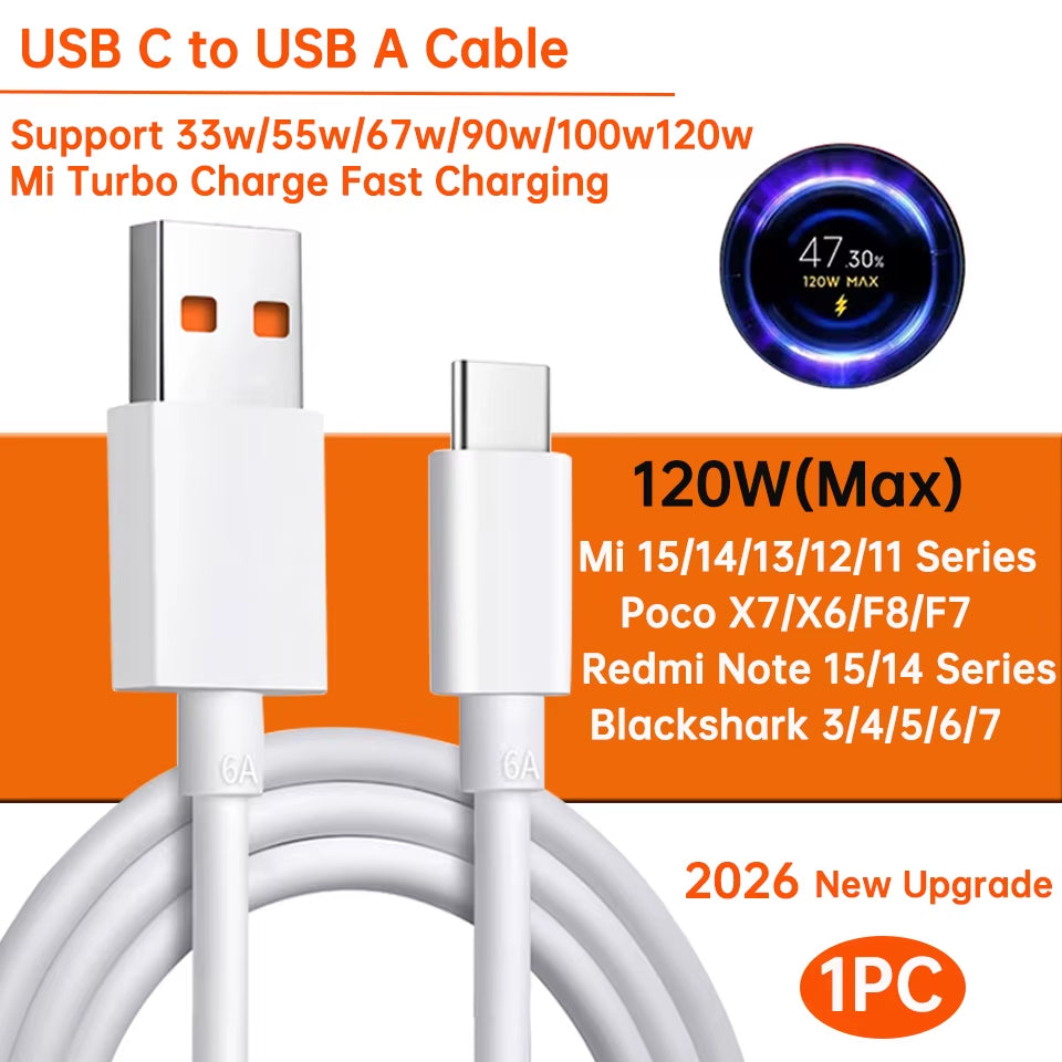 Original USB Type-C Cable for Turbo Fast Charging - Compatible with Mi 17, 15, 14, 13, 12, T Pro, Ultra, Poco F8, X8, X7, and Redmi Note (120W, 100W, 90W, 67W, 45W)