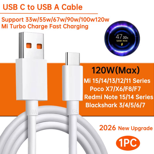 Original USB Type-C Cable for Turbo Fast Charging - Compatible with Mi 17, 15, 14, 13, 12, T Pro, Ultra, Poco F8, X8, X7, and Redmi Note (120W, 100W, 90W, 67W, 45W)