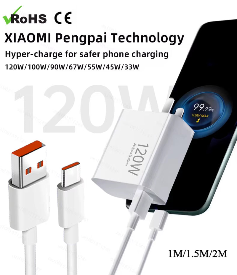 Original USB Type-C Cable for Turbo Fast Charging - Compatible with Mi 17, 15, 14, 13, 12, T Pro, Ultra, Poco F8, X8, X7, and Redmi Note (120W, 100W, 90W, 67W, 45W)