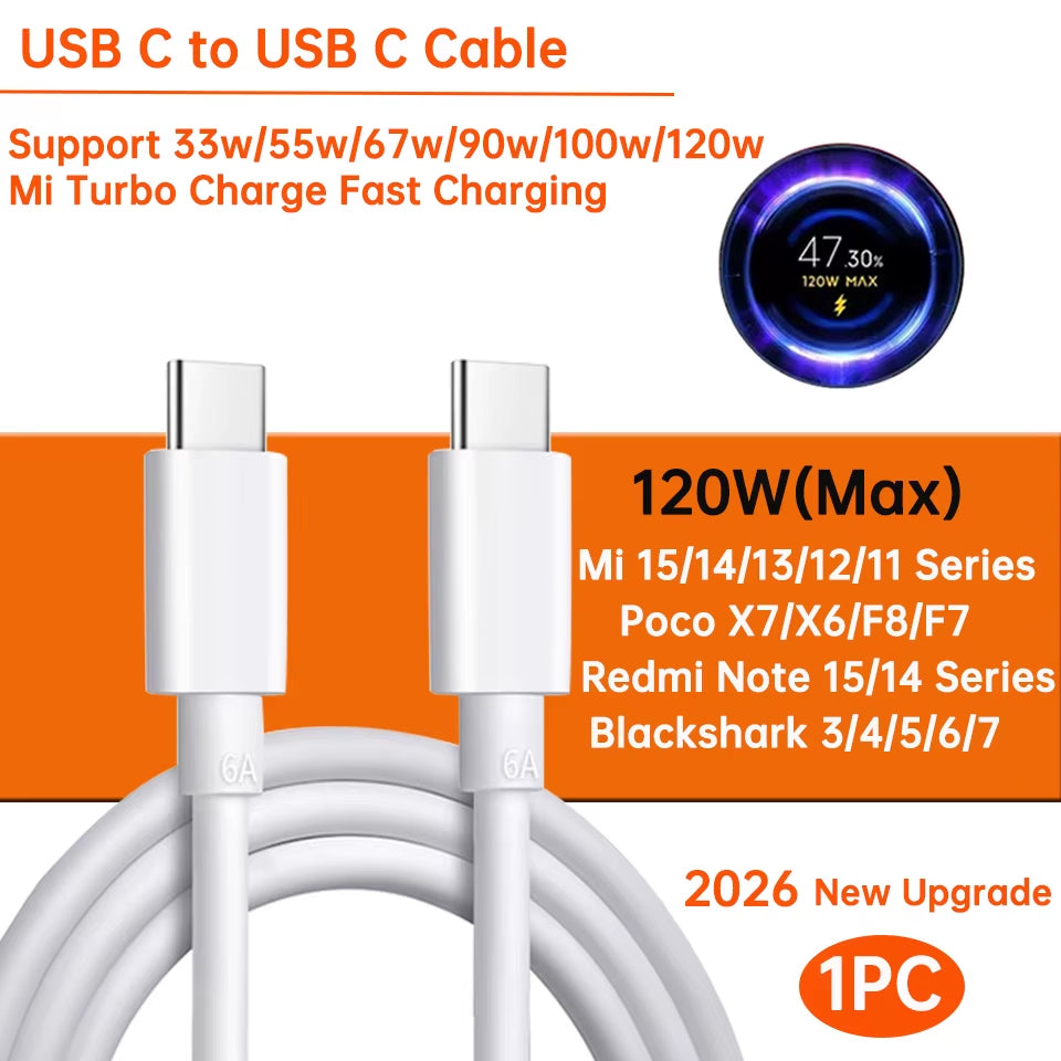 Original USB Type-C Cable for Turbo Fast Charging - Compatible with Mi 17, 15, 14, 13, 12, T Pro, Ultra, Poco F8, X8, X7, and Redmi Note (120W, 100W, 90W, 67W, 45W)