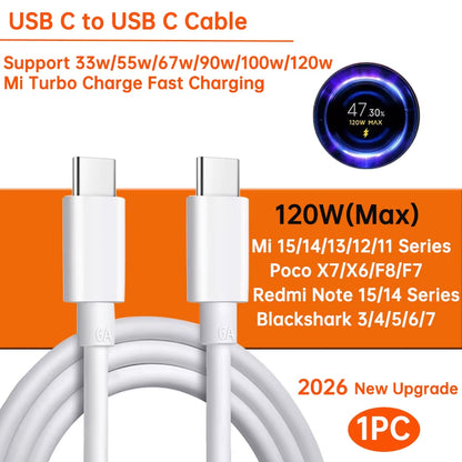 Original USB Type-C Cable for Turbo Fast Charging - Compatible with Mi 17, 15, 14, 13, 12, T Pro, Ultra, Poco F8, X8, X7, and Redmi Note (120W, 100W, 90W, 67W, 45W)